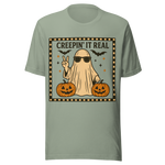 Creepin' It Real Ghost and Pumpkins - Unisex Halloween T-Shirt - Sage Green