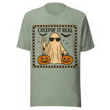 Creepin' It Real Ghost and Pumpkins - Unisex Halloween T-Shirt - Sage Green