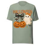 Cute Pumpkins and Ghost - Unisex Halloween T-Shirt - Sage Green