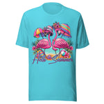 Hello Summer Flirty Flamingos - Unisex T-Shirt - Turquoise Blue