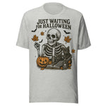 Just Waiting For Halloween Skeleton and Black Cat - Unisex Halloween T-Shirt - Athletic Gray