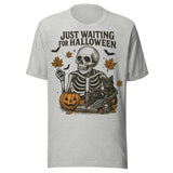 Just Waiting For Halloween Skeleton and Black Cat - Unisex Halloween T-Shirt - Athletic Gray