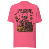 Just Waiting For Halloween Skeleton and Black Cat - Unisex Halloween T-Shirt - Charity Pink