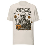 Just Waiting For Halloween Skeleton and Black Cat - Unisex Halloween T-Shirt - Dust White