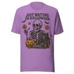 Just Waiting For Halloween Skeleton and Black Cat - Unisex Halloween T-Shirt - Heather Team Purple