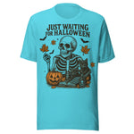 Just Waiting For Halloween Skeleton and Black Cat - Unisex Halloween T-Shirt - Turquoise Blue