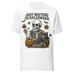 Just Waiting For Halloween Skeleton and Black Cat - Unisex Halloween T-Shirt - White
