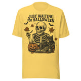 Just Waiting For Halloween Skeleton and Black Cat - Unisex Halloween T-Shirt - Yellow
